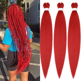 Umylar Red Braiding Hair Extensions 32 Inch Pre stretched Braiding Hair Yaki Braids Hair Hot Water Setting Synthetic Hair Colored Braiding Hair Pre stretched Crochet Hair(32Inch,3 Packs,Red#)