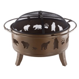 Pure Garden 50-LG1202 32” Outdoor Deep Fire Pit-Round Large Steel Bowl with Bear Cutouts, Mesh Spark Screen, Log Poker & Storage Cover-Patio Wood Burning, Antique Gold