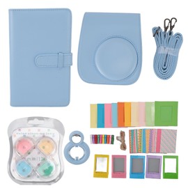 Instant Camera Protective Case with Photo Frames Album Shoulder Strap Selfie Mirror Filters Stickers PU Leather Camera Bag for Instax Mini12 Hydrangea Blue