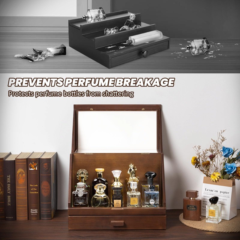 Miratino Cologne Organizer for Men, Wood Cologne Stand with Drawer,