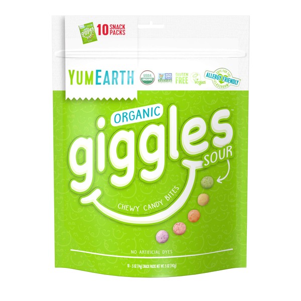 YumEarth Organic Giggles Sour Chewy Candy Bites, 10-0.5oz Fruit Flavored Snack Packs, Allergy Friendly, Gluten Free, Non-GMO, Vegan, No Artificial Flavors or Dyes