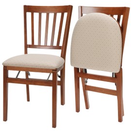 MECO Stakmore School House Wooden Folding Chairs with Padded Seats, Set of 2 - No Assembly Foldable Dining Chairs, Steel Folding Mechanism, Upholstered Cushion, Space-Saving, Fruitwood Frame
