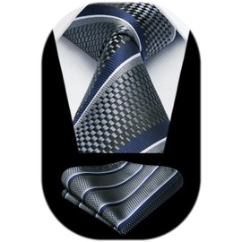 HISDERN Men's Tie Striped Wedding Tie & Pocket Square Set, Navy/grey