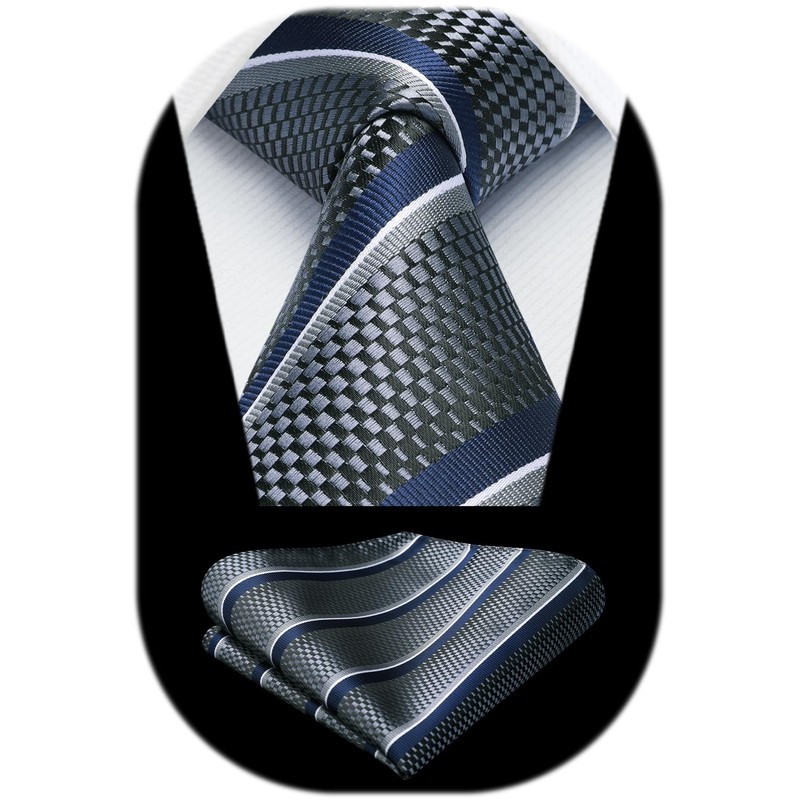 HISDERN Men's Tie Striped Wedding Tie & Pocket Square Set,