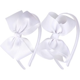 OAOLEER Grosgrain Bow Headband for Girls, White Headband with 4.5 inch Bow for Toddlers Hair Band Accessories for Little Girls Kids Set of 2 (White, 4.5inch)