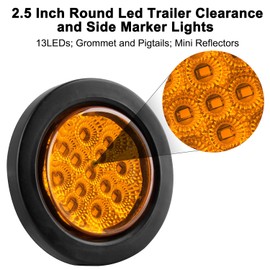 Konrali 2.5 Inch Round LED Marker Lights Amber 13 LED w/Reflectors, 10Pcs 2.5" Side Clearance Sealed 2 1/2" Round Trailer Marker Lights Flush Grommet Mount w/2 Prong Wire Pigtails