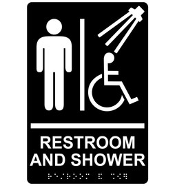 ComplianceSigns.com Restroom Sign, ADA-Compliant Braille and Raised Letters, 9x6 in. White on Black Acrylic with Adhesive Mounting Strips