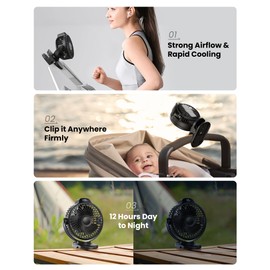 Koonie Portable Clip On Fan, Small USB Fan Battery Operated, 3 Speed Rechargeable Mini Fan With LED Display, 360° Rotate Personal Cooling Desk Fan for Stroller Travel Camping Golf Gym
