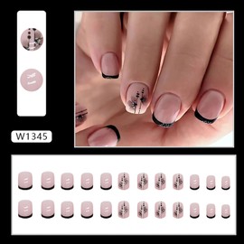 Vezocim French Artificial Square Fake Nails, 24Pcs Black Press on Nails Short with Flower Designs, Glossy Full Cover Coffin Acrylic False Nails, Glue Fingernails with Charm for Women