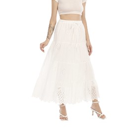 Love Welove Fashion Women’s Summer Boho Cotton Embroidered Eyelet Tiered Maxi Skirt Elastic High Waist A-Line Flowy Long Beach Dress White