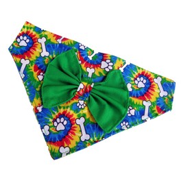 Tie Die Print Bones Paws Dog Bandana Green Bow Dogwear Petwear Slip Over the Collar No Tie Pet Neckwear