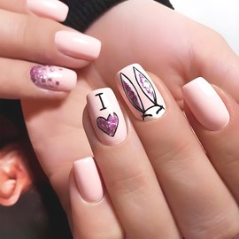 Easter Square Press on Nails Medium Glossy False Nail Kits with Bunny Ears Purple Glitter Love Heart Design Stick on Nails for Easter Gift Acrylic Fake Nails Sets for Women Girls 24pcs