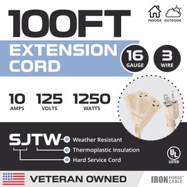 Iron Forge Cable Weatherproof 100 Ft Outdoor Extension Cord - 3 Outlet 16/3 SJTW Heavy Duty Light Brown Extension Cord 3 Prong - 10 Amp Power Cable