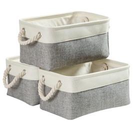 Mangata Fabric Storage Basket, Storage Box, Cupboard Basket Storage, Fabric with Rope, for Toys, Wardrobes, Shelves, Clothes, Foldable, Medium, Grey/White, Pack of 3