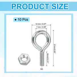 PATIKIL M3x8mm Eye Bolts, 10 Pcs Carbon Steel Threaded Eyebolt Eye Hooks Screws with Nut for Hanging or Securing Cables Silver