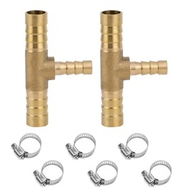Closmos 2pcs Brass Hose Barb Reducer Tee Reducing T-fitting, 3/8" Barbed x 1/4" Barbed x 3/8" Barbed 3 Ways Connector with 6pcs Hose Clamp