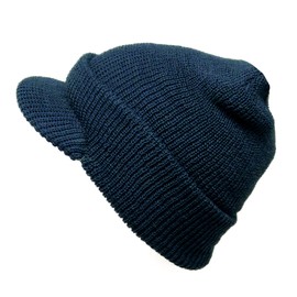 Winter Beanie Cap with Visor, 100% Wool, Made in USA - Genuine G.I. (1, Navy)