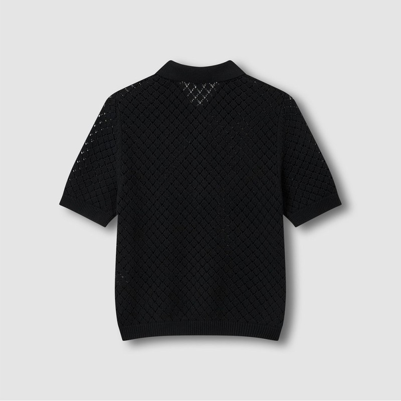 JAJU Women's Crochet Collar Short Sleeve Knit_Black