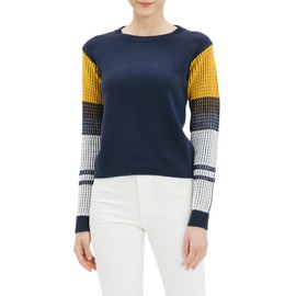 Cable Stitch Women's Contrast-Sleeve Cotton Sweater - Crewneck Long Sleeve Knitted Pullover Top (Medium, Navy)