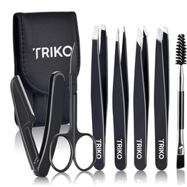 Triko Set 7 Pinzas para Cejas, Kit Profesional Acero Inoxidable, Pinzas de Precisión de Depilar y Dar Forma a las Cejas, Incluye Tijeras Curvadas y Maquina de Afeitar. (Negro)