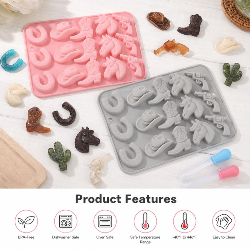 2 Pack Cowboy Chocolate Molds Silicone with Dropper,Western Theme Candy