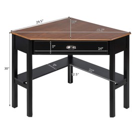 SILKYDRY Corner Computer Desk, Space-Saving Corner Table with Drawer & Shelves, Home Office 90° Triangle Corner Workstation, Modern Makeup Vanity Table, Corner Desk for Small Spaces (Coffee & Black)