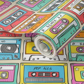 Peel & Stick Wallpaper 12ft x 2ft - Smaller Music Mix Tape Retro Vintage 1990S Cassette Custom Removable Wallpaper by Spoonflower