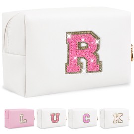 Bolsa de maquillaje con parche inicial personalizada, bolsa de chenilla con cierre, GlitterWhite/RosePink-Letter, R