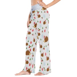 Cindly Cute Hedgehog with Christmas Hat Wide Leg Pajama Pants for Women, Soft, Stretchy, Drawstring Lounge Pants