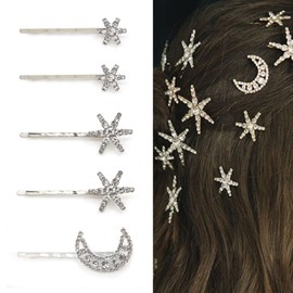 Stars Moon Hair Bobby Pins for Women Flower Hair Clip Alligator Crystal Rhinestone Hair Accessories for Holiday Wedding Birthday Bridal Prom Hairpin Silver