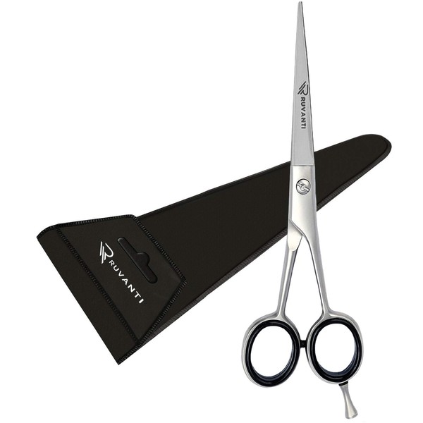 Ruvanti Professional Barber Hair Cutting Scissors J2 Stainless Steel, Salon Scissors, 6.5” Premium Scissors for Hair Cutting. Perfect for trimming Mustache, Beard. Hair Scissors for Men, Women, Kids.
