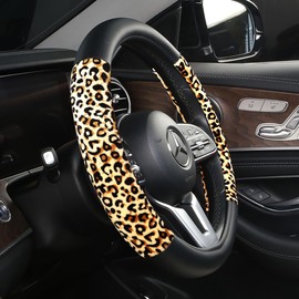 MLOVESIE Leather Cheetah Steering Wheel Covers for Car Soft Luxuriou Faux Fur Universal Fit for 15 inch Leopard Car Accessories for Men Women (Black Beige)