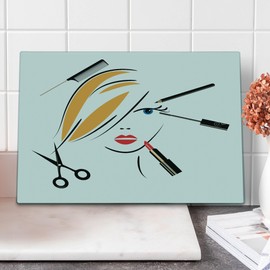 Ambesonne Hair Salon Cutting Board, Beauty Salon Concept Make up Hairdo Comb Lipstick and Scissors, Decorative Tempered Glass Cutting and Serving Board, Large Size, Black Earth Yellow and Ruby