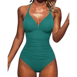 Hilor Women's Shirred Halter One Piece Swimsuits Macrame Back Swimwear Solid Bathing Suit Deep Emerald 14