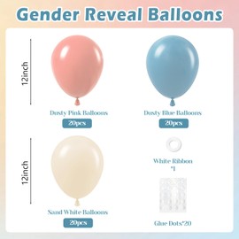 60pcs Gender Reveal Balloons, Dusty Pink Dusty Blue Sand White Balloons for Birthday Baby Shower Gender Reveal Party Decorations