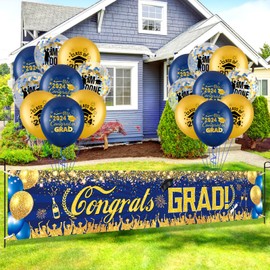 Graduation Party Banner Balloons Decorations Navy Blue Gold Graduation Yard Fence Banner Sign 18PCS Congrats Grad 2024 Balloons Decor for Class of 2024 College High School Outdoor Backdrop Supplies