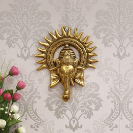 eCraftIndia Golden Lord Ganesha with Sun Decorative Metal Wall Hanging Art Decorative Showpiece for Wall Decor, Festival Home Decor Pooja Room Temple & Gift for Family, Friends, Housewarming
