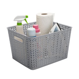 Simplify Decorative Plastic Storage Tote Basket Organizer, Good for Closets, Accessories, Toys, Desks, Floors, Cleaning Products, Sports Equipment’s, Dressers or Counter Tops, Large, Grey