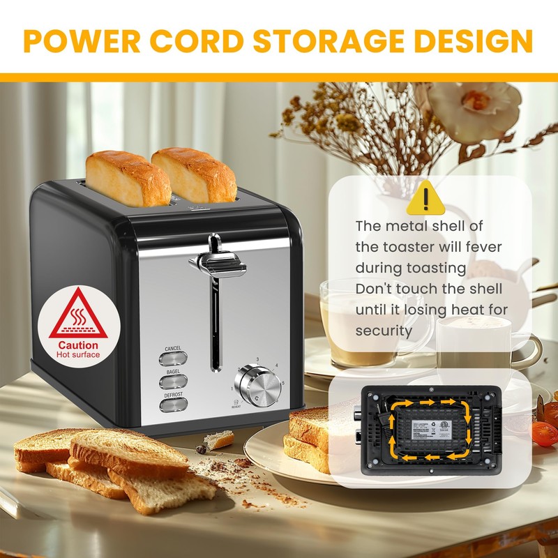 Simple Deluxe 2-Slice Toaster, Stainless Steel Toaster, 6 Browning Setting