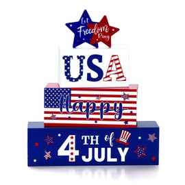 Jansun 4 Pcs Patriotic Table Wood Sign, 4th of July Tabletop Decorations Red White Blue Table Centerpieces, Patriotic Themed Rustic Farmhouse Wooden Block
