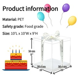 5 Pcs, 10'x10'x9' inch Food Grade Clear Plastic Display Boxes, 25.4 x 25.4 x 24 cm with Ribbon, for Cakes, Bakeries, Desserts, Birthday, Christmas and Thanksgiving