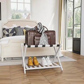 Fully Assembled Bamboo Luggage Rack with Shelf – Foldable Suitcase Organiser for Bedroom, Guest Room, or Hotel, 5 Nylon Straps (Natural Finish) - Color: White