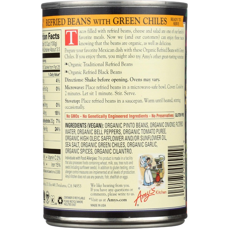 Amys, Beans Refried With Green Chiles Organic, 15.4 Ounce