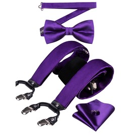 YOHOWA Mens Suspenders Set 6 Clips Strength Adjustable Y-Back Purple Braces Pre-Tied Bow Tie Formal Wedding Party