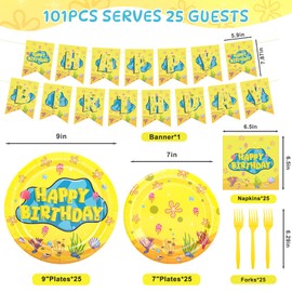 YMDOBIGER Yellow Cartoon Party Supplies Serves 25 - Plates and Napkins Tableware Set with Cups Banner Forks Disposable Dinnerware for Under the Sea Ocean Baby Shower Party Decorations