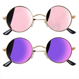 Joopin Hippie Round Sunglasses Polarized UV Protection Mirrored Circle Shades for Men Women Teashades Cute Sun Glasses (Pink + Purple)