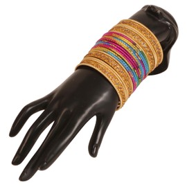 Touchstone New Indian Bollywood Glamorous Fashion Wrist Enhancing Shimmering Golden Glitters Textured Multi Color Rainbow Designer Jewelry Bracelets Bangle Chura. Set of 48 in Gold Tone for Women.