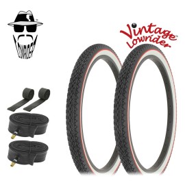 VINTAGE LOWRIDER BICYCLE TIRE 24 x 2.125 BLACK/WHITE RED LINE DIAMOND 6pc SET.