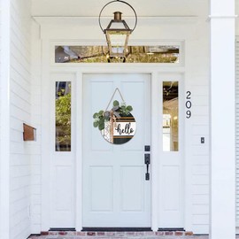 CHDITB Boho 3D Hello Front Door Wreath Sign(11.42"x11.42"), Farmhouse Front Door Porch Decor with Eucalyptus Leaves Plaid Bow Bead, Rustic Hello Fall Door Hanger Decoration Hanging for Office Home