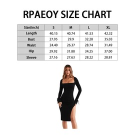 RPAEOY Dresses Women's Square Neck Long Sleeve Dress Sexy Bodycon Cocktail Backless Tight Party Dress with Slit Midi Dress Elegant High Waist Festive Party, black